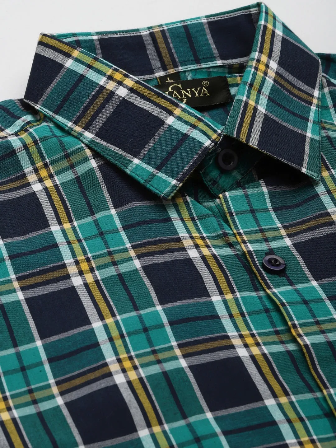 Men's Cotton Dark Green & Navy Check Formal Shirt - Sojanya