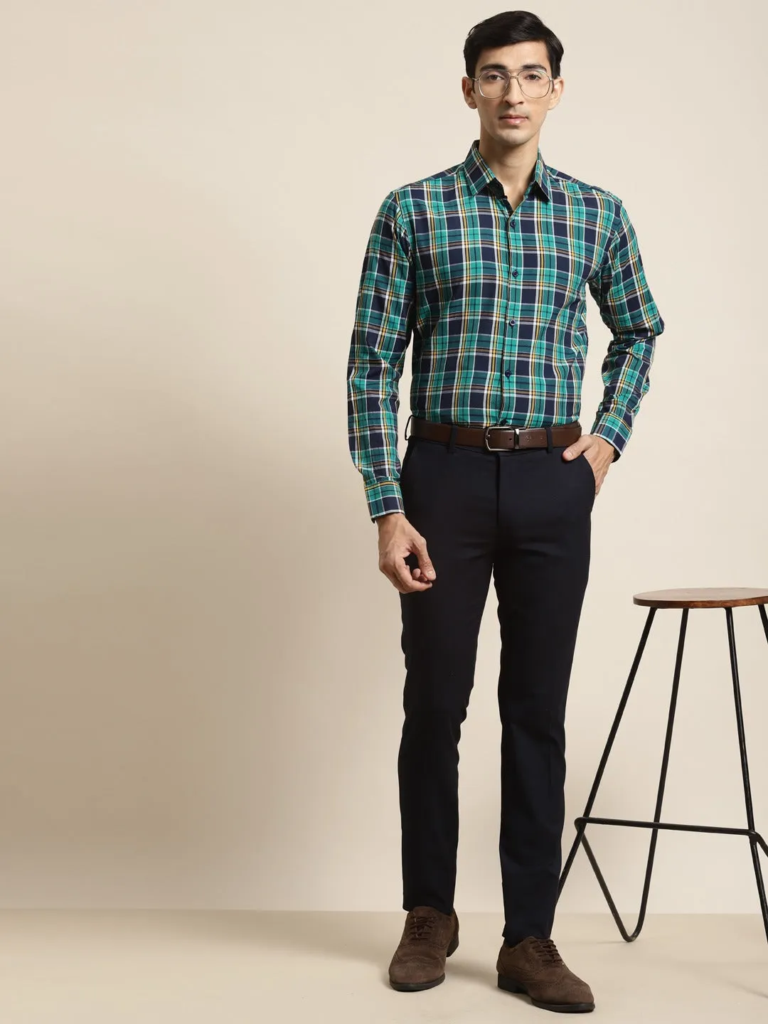 Men's Cotton Dark Green & Navy Check Formal Shirt - Sojanya