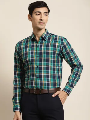 Men's Cotton Dark Green & Navy Check Formal Shirt - Sojanya