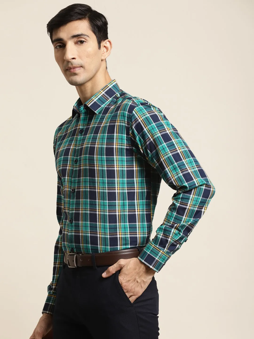 Men's Cotton Dark Green & Navy Check Formal Shirt - Sojanya