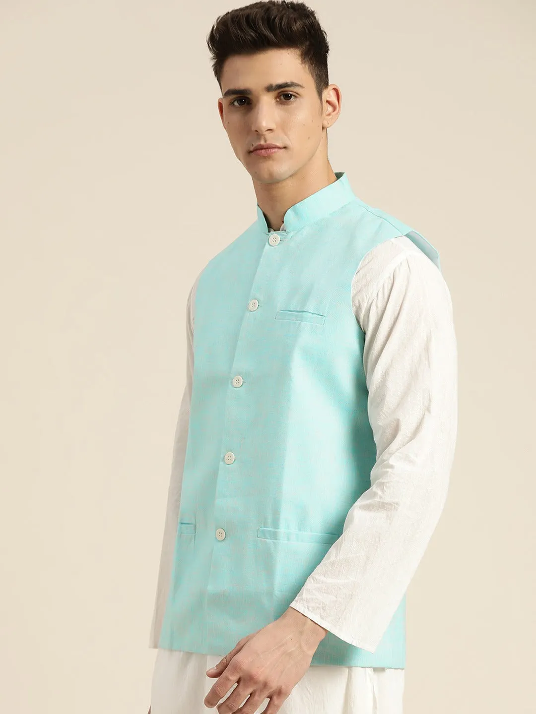 Men's Cotton Linen Blend Sky Blue Only Nehrujacket - Sojanya