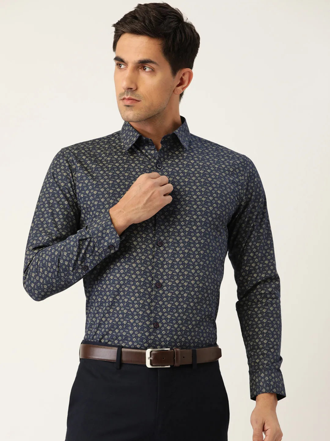 Mens Cotton Navy Blue & Gold Printed Formal Shirt - Sojanya