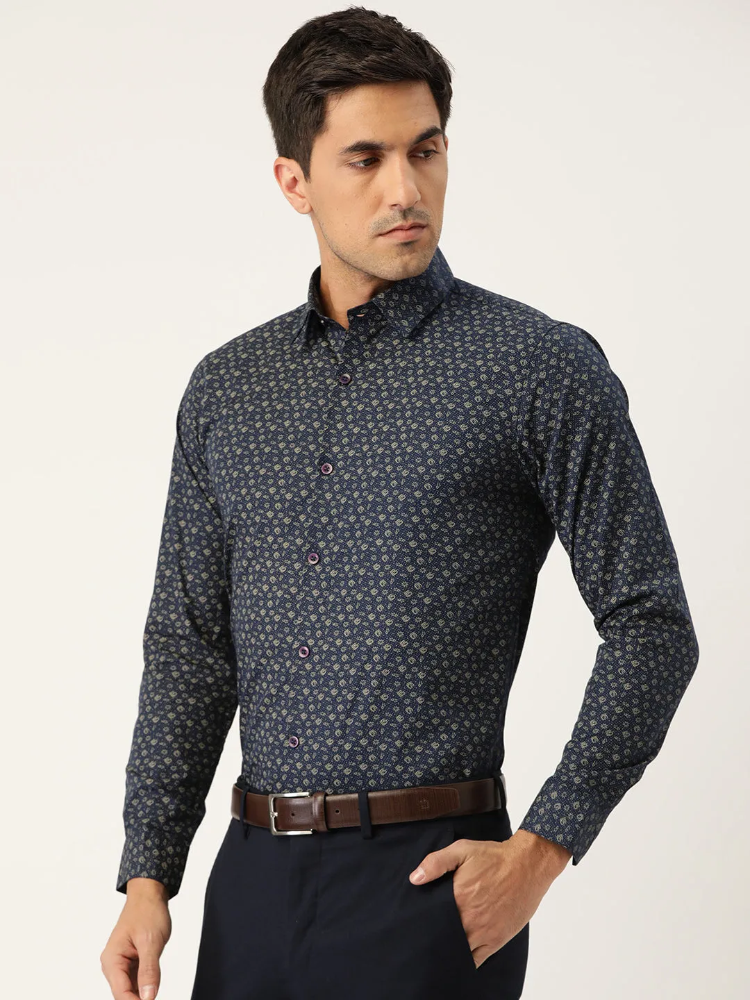 Mens Cotton Navy Blue & Gold Printed Formal Shirt - Sojanya