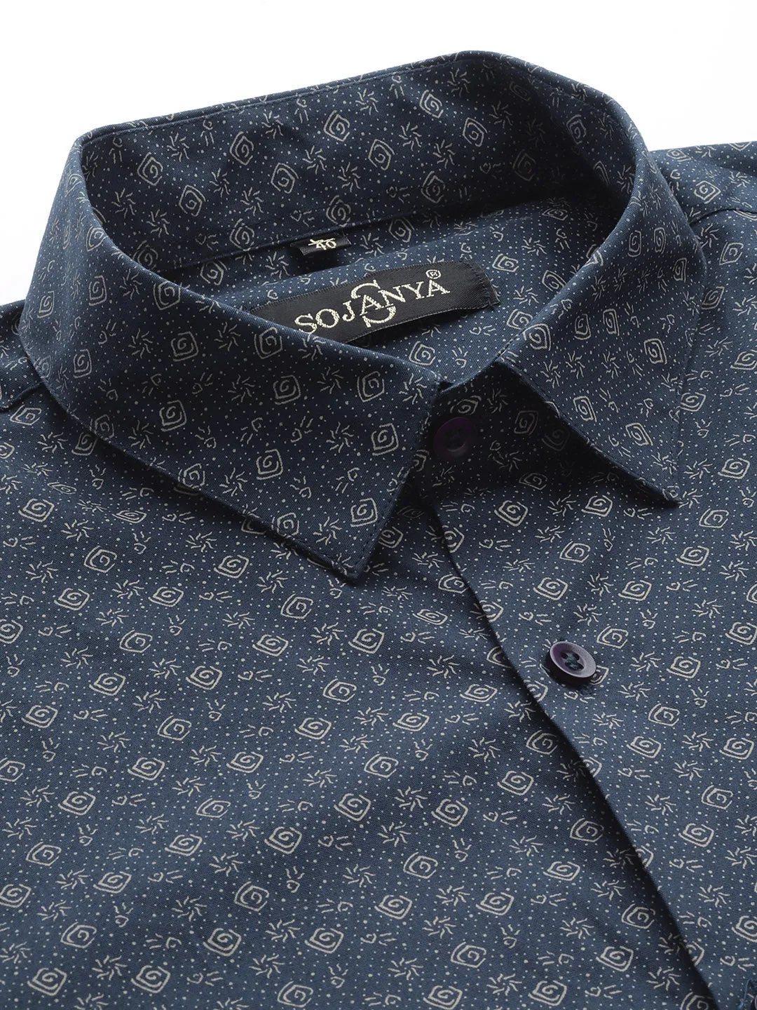 Mens Cotton Navy Blue & Gold Printed Formal Shirt - Sojanya