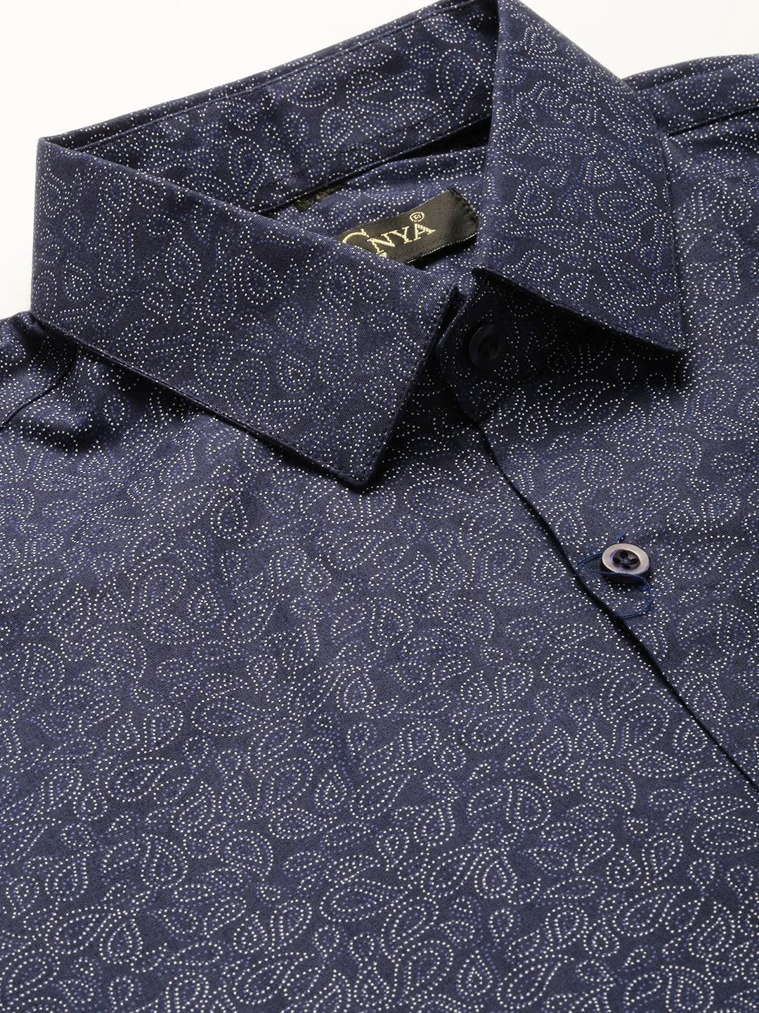 Mens Cotton Navy Blue & Silver Printed Formal Shirt - Sojanya