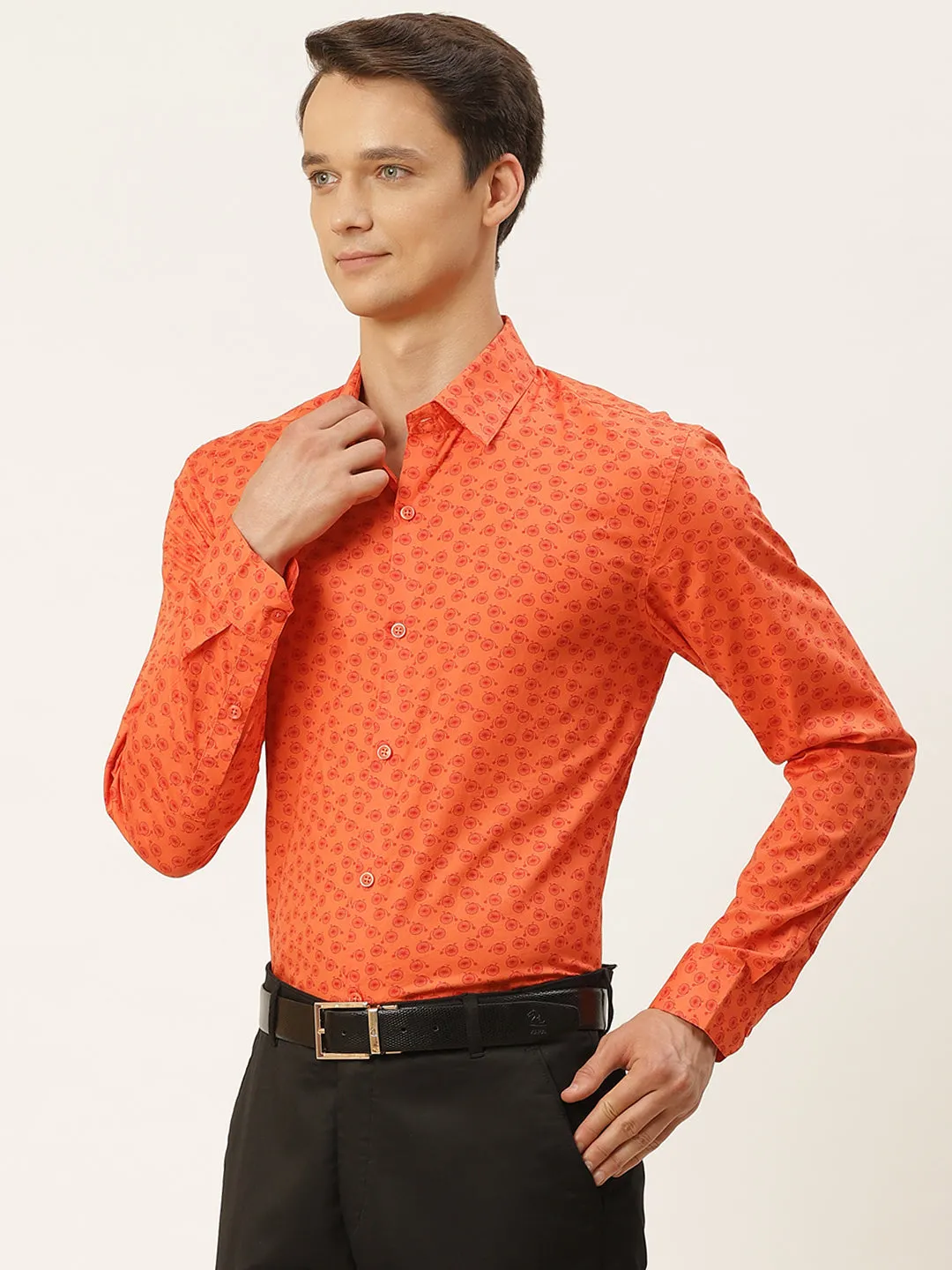 Mens Cotton Orange & Red Printed Formal Shirt - Sojanya