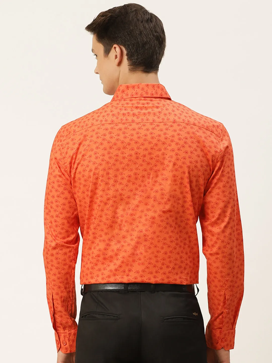 Mens Cotton Orange & Red Printed Formal Shirt - Sojanya