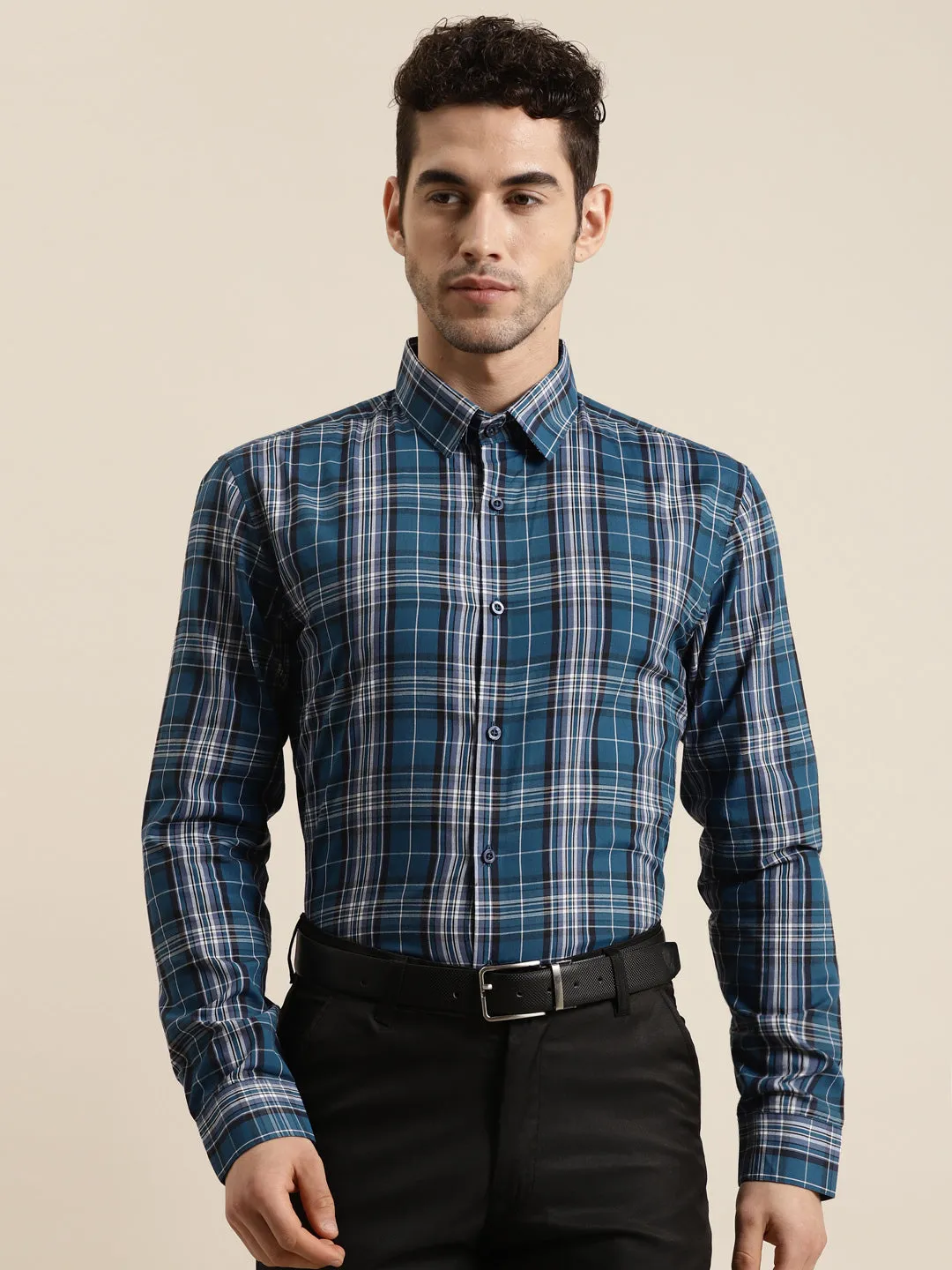 Men's Cotton Peacock & Black Formal Shirt - Sojanya