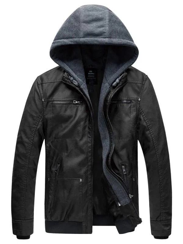 Mens Faux Leather Jacket with Removable Hood WD