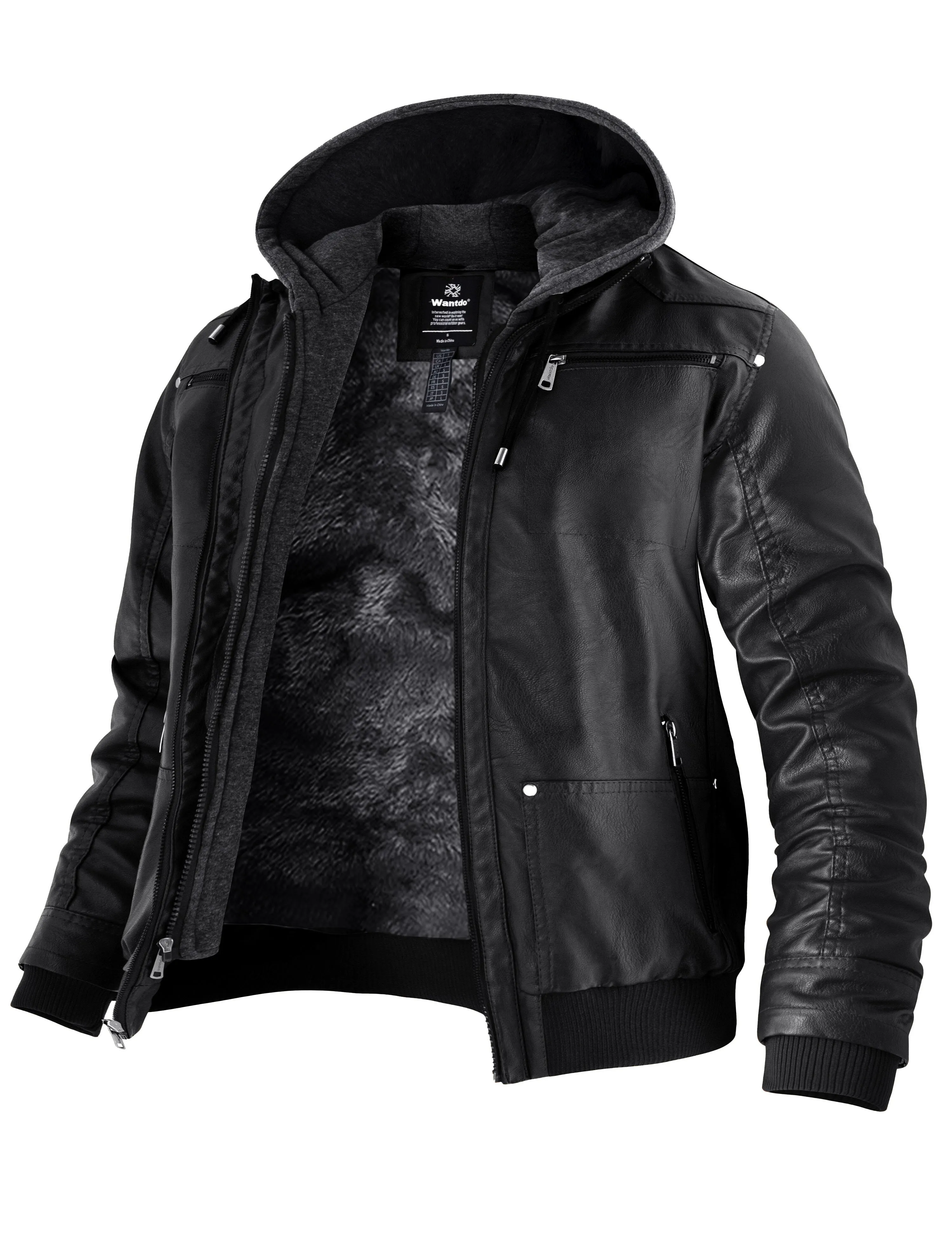 Mens Faux Leather Jacket with Removable Hood WD