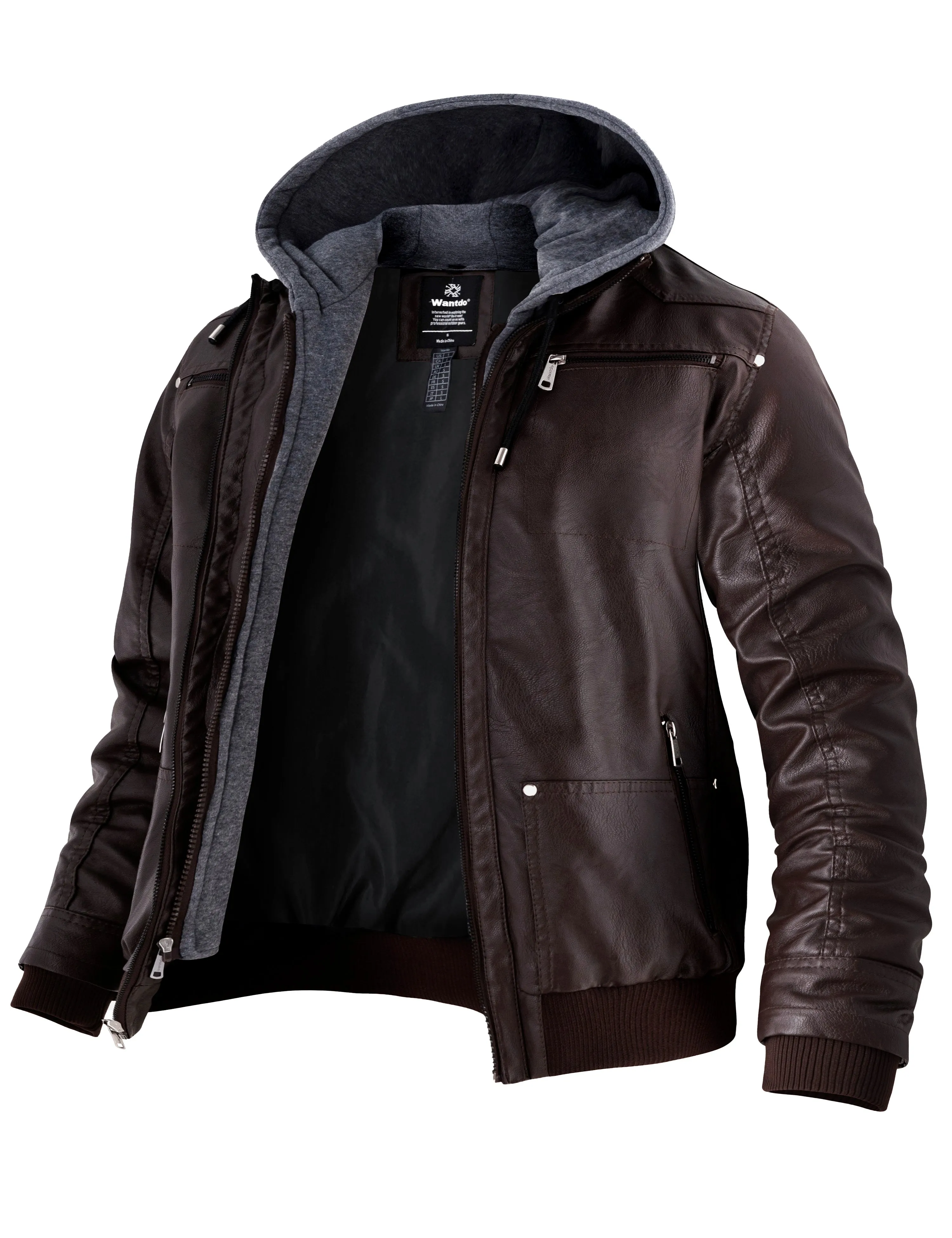 Mens Faux Leather Jacket with Removable Hood WD