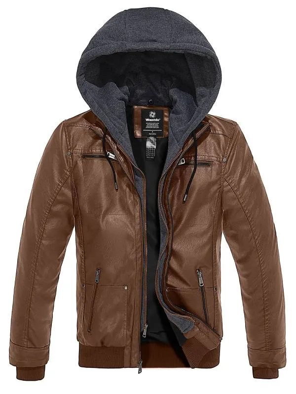 Mens Faux Leather Jacket with Removable Hood WD