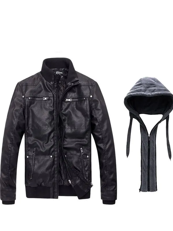 Mens Faux Leather Jacket with Removable Hood WD