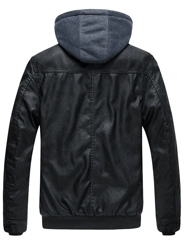 Mens Faux Leather Jacket with Removable Hood WD