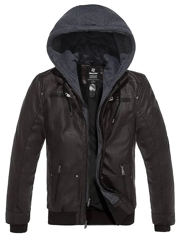 Mens Faux Leather Jacket with Removable Hood WD