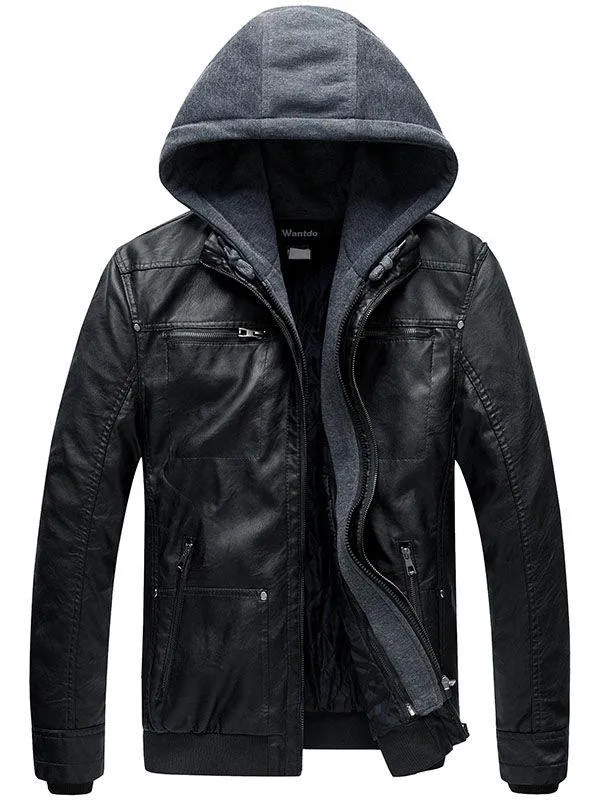 Mens Faux Leather Jacket with Removable Hood WD