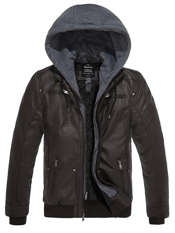 Mens Faux Leather Jacket with Removable Hood WD