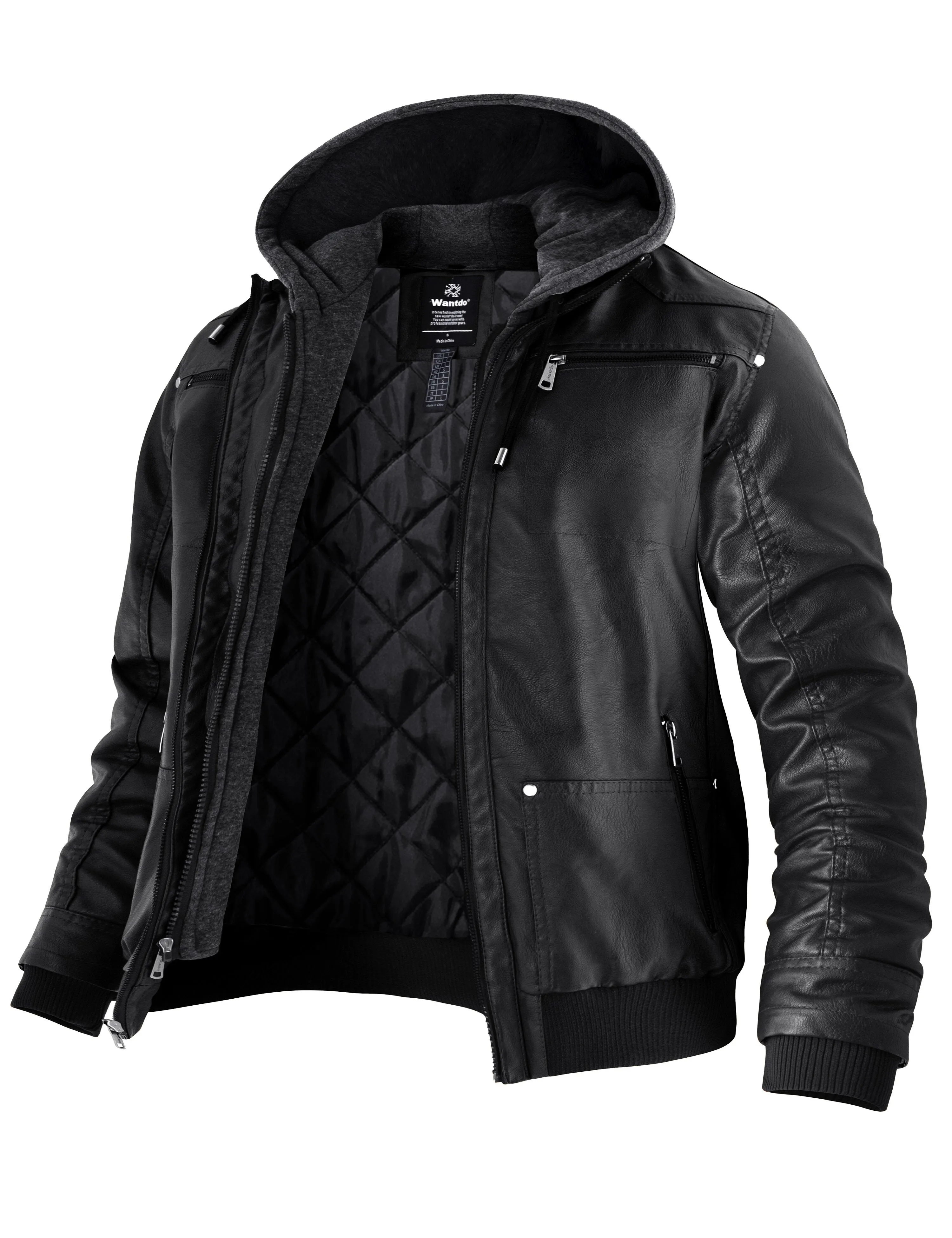 Mens Faux Leather Jacket with Removable Hood WD