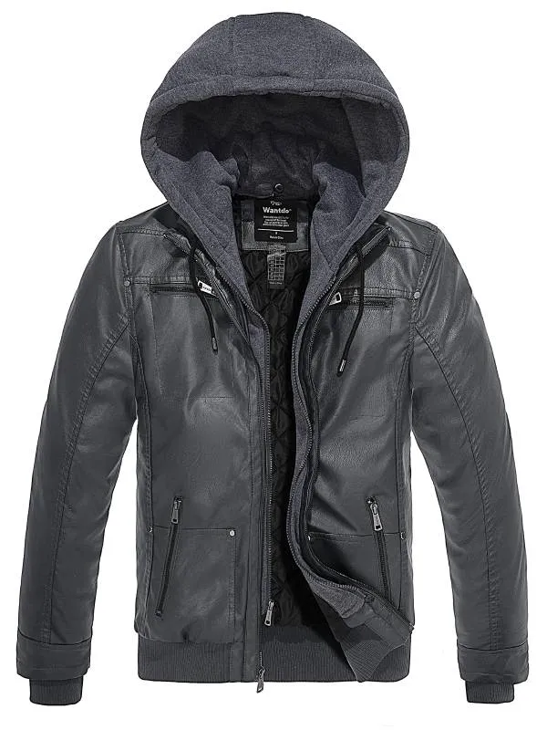 Mens Faux Leather Jacket with Removable Hood WD