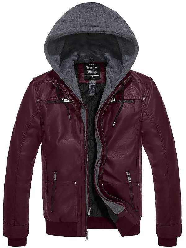 Mens Faux Leather Jacket with Removable Hood WD