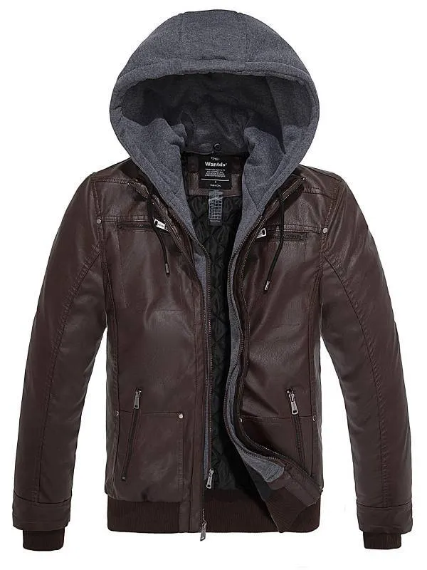 Mens Faux Leather Jacket with Removable Hood WD