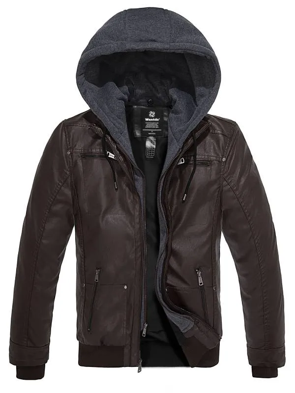 Mens Faux Leather Jacket with Removable Hood WD