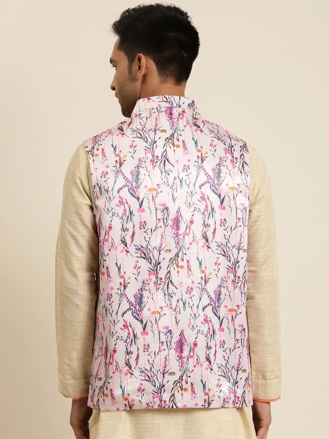 Men's Silk Blend Pink Printed ONLY Nehru Jacket - Sojanya