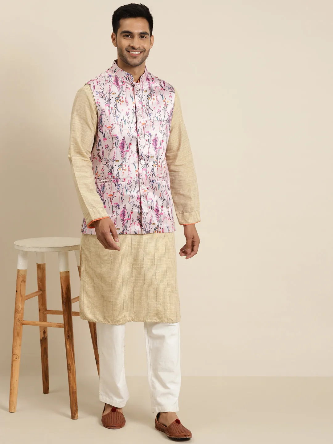 Men's Silk Blend Pink Printed ONLY Nehru Jacket - Sojanya