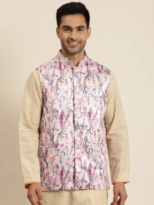 Men's Silk Blend Pink Printed ONLY Nehru Jacket - Sojanya