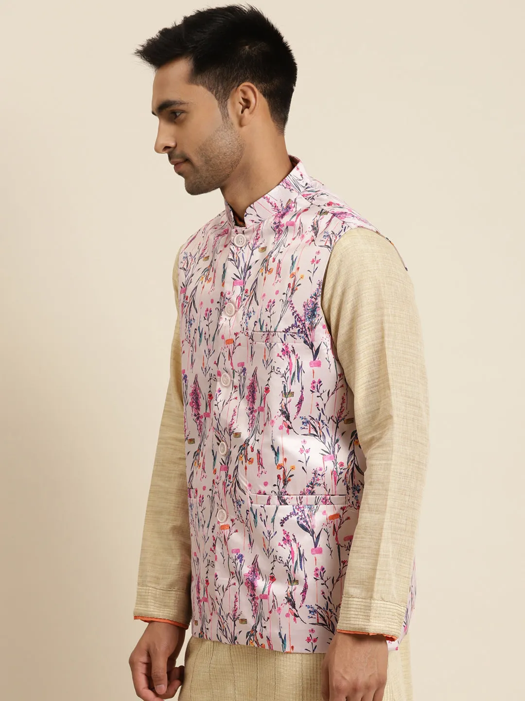 Men's Silk Blend Pink Printed ONLY Nehru Jacket - Sojanya