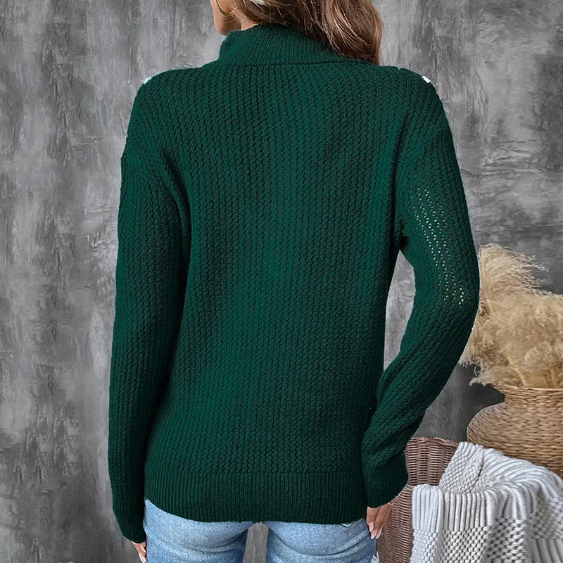 METAVERSMALL 2025 contrasting color zipper semi-open placket New autumn and winter new knitted pullover retro dark green lapel sweater