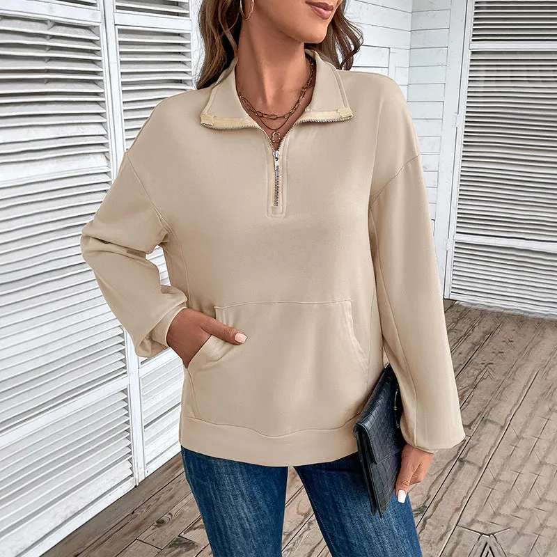 METAVERSMALL 2025 foreign trade autumn new women's clothing lapel collar long-sleeved top zipper loose casual sweater women's T-shirt