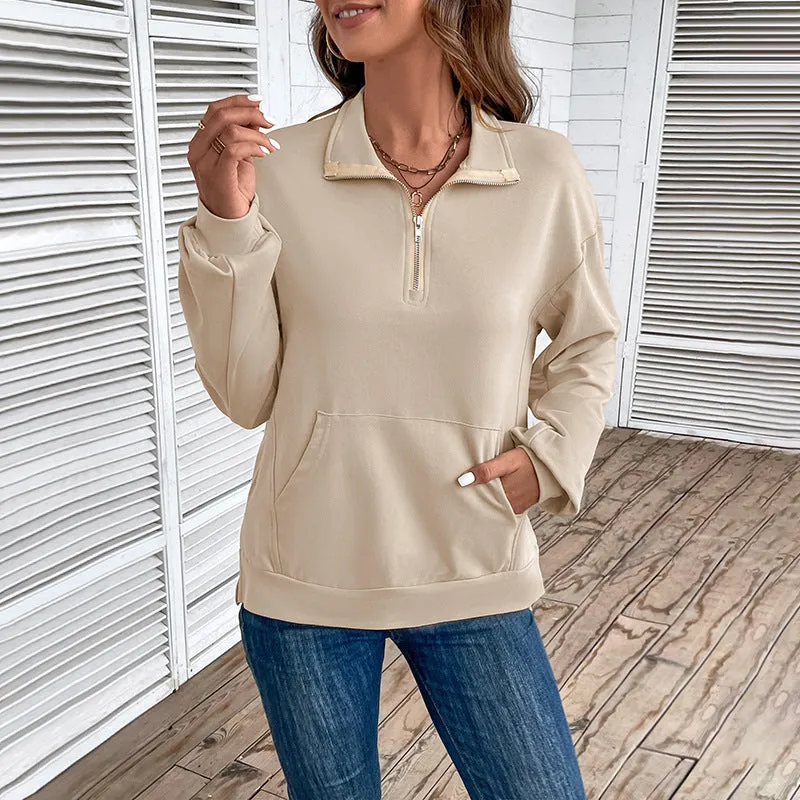 METAVERSMALL 2025 foreign trade autumn new women's clothing lapel collar long-sleeved top zipper loose casual sweater women's T-shirt