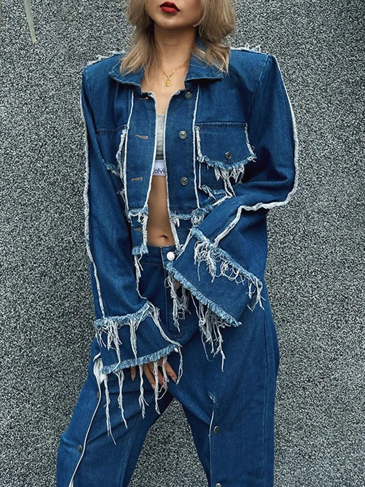 Metaversmall Streetwear Denim Two Piece Sets For Women Lapel Long Sleeve Spliced Tassel Coat High Waist Hit Color Jeans Casual Set Female