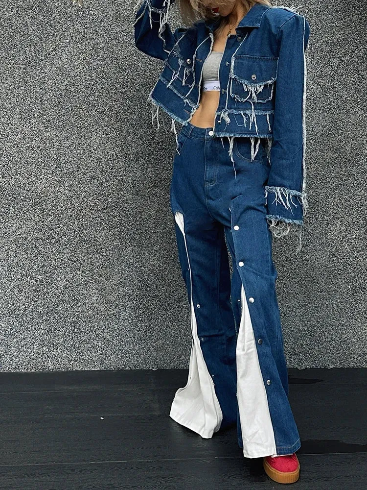 Metaversmall Streetwear Denim Two Piece Sets For Women Lapel Long Sleeve Spliced Tassel Coat High Waist Hit Color Jeans Casual Set Female