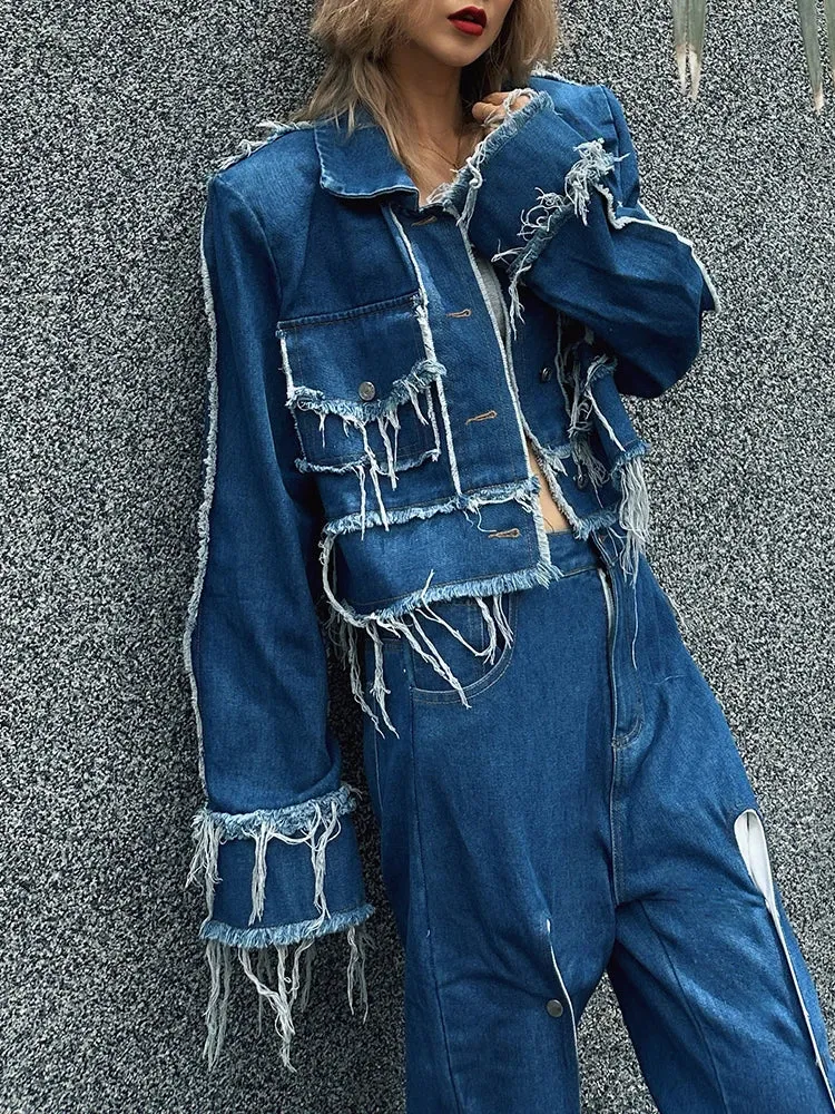 Metaversmall Streetwear Denim Two Piece Sets For Women Lapel Long Sleeve Spliced Tassel Coat High Waist Hit Color Jeans Casual Set Female