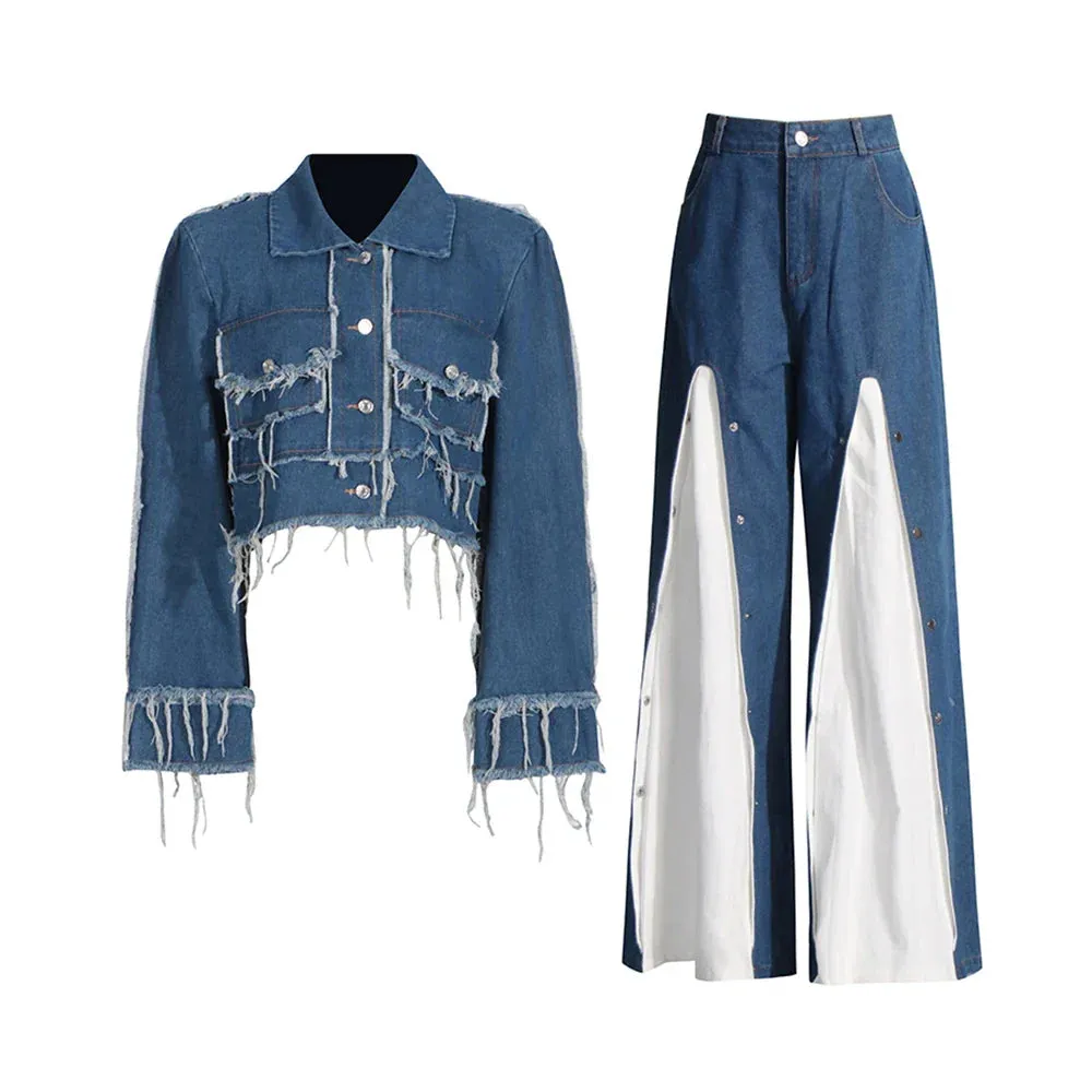 Metaversmall Streetwear Denim Two Piece Sets For Women Lapel Long Sleeve Spliced Tassel Coat High Waist Hit Color Jeans Casual Set Female