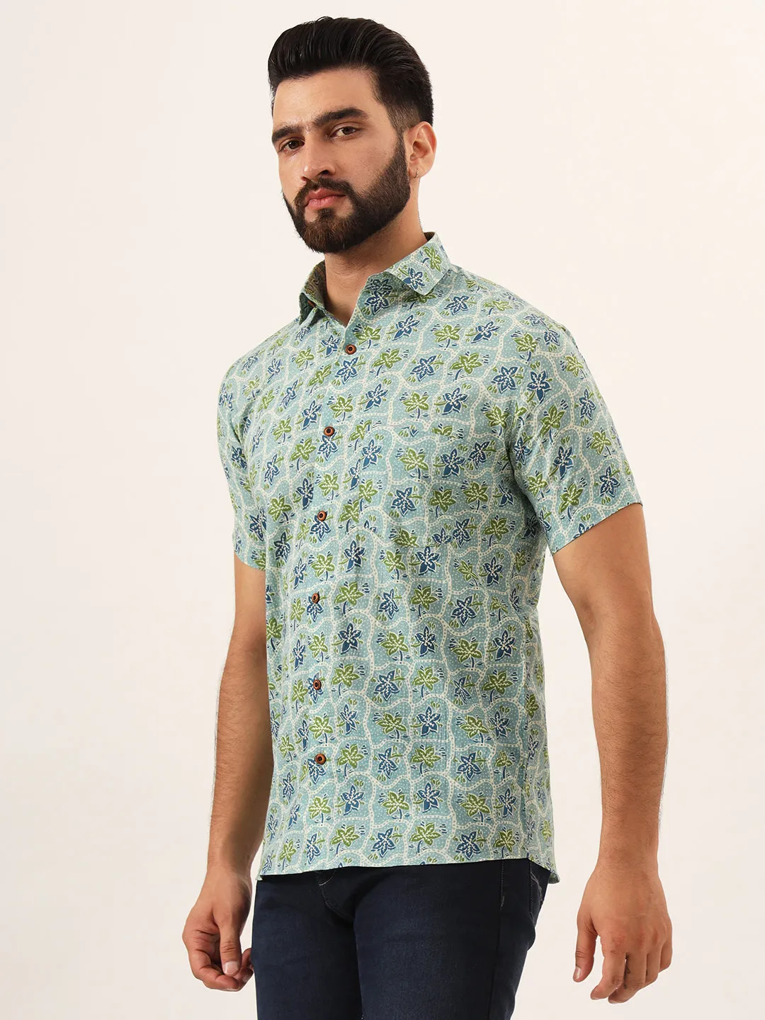 MILLENNIAL MEN Green Floral Print Pure Cotton Regular Fit Casual Half Sleeve