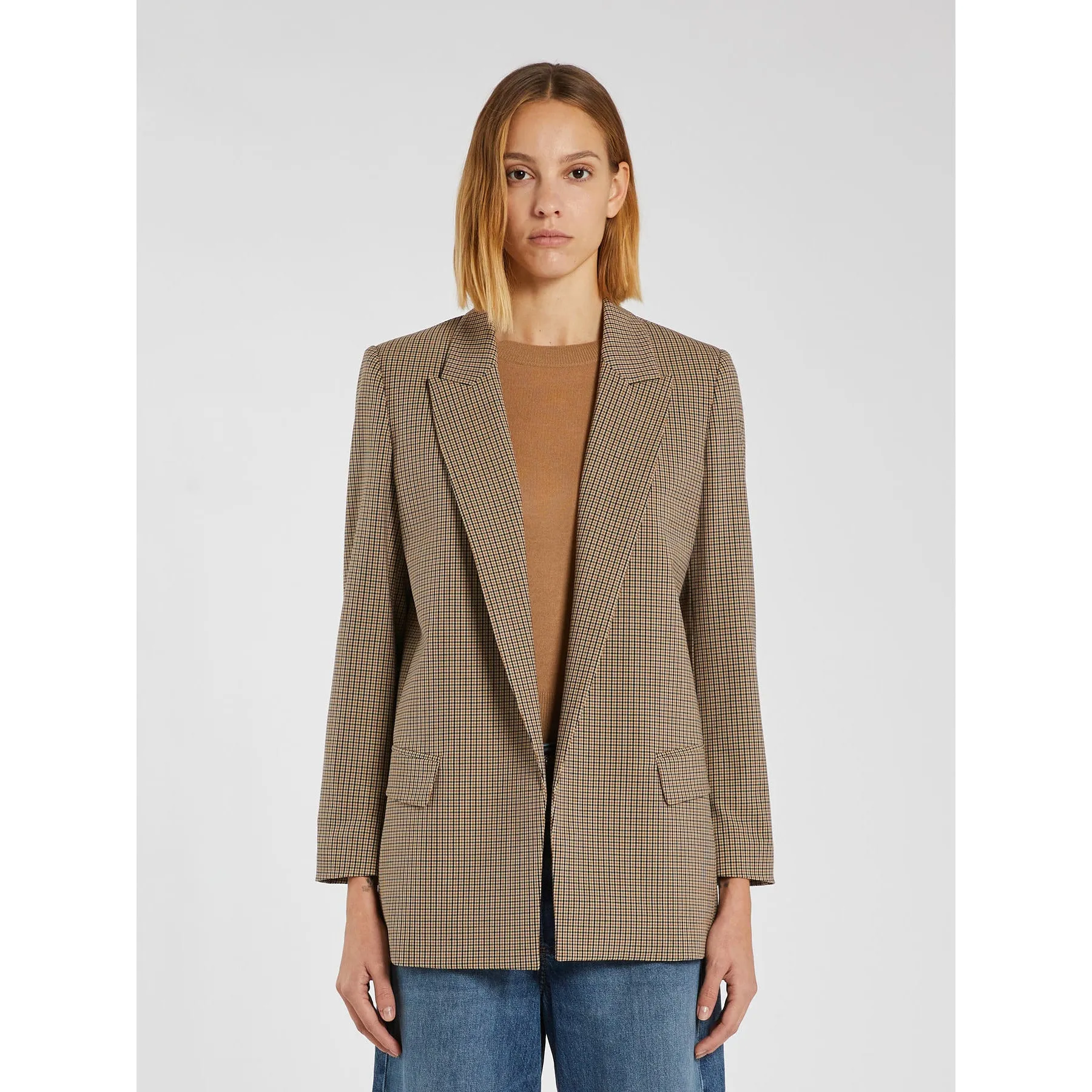 MIRNA Wool Mix Tweed Blazer Camel Check