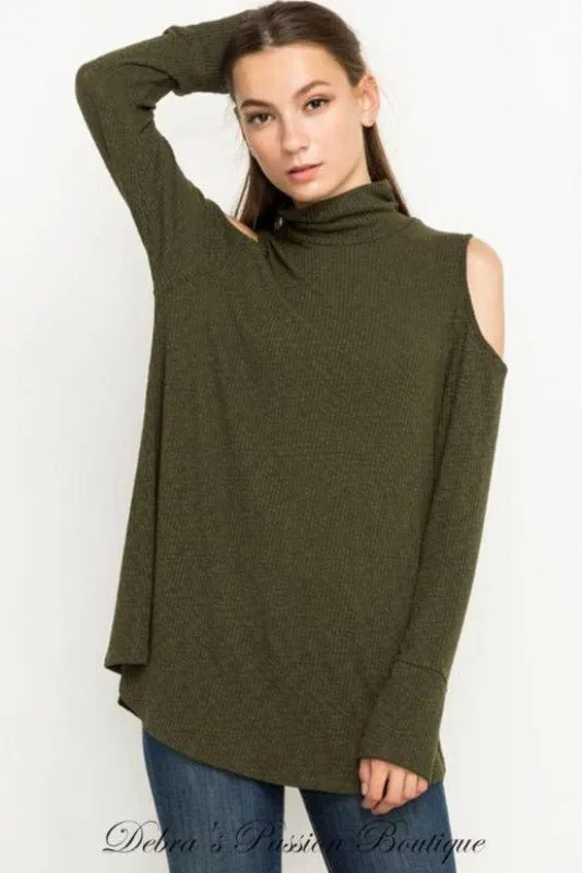 Mittoshop Mock Turtleneck Cold Shoulder Top - Olive or Taupe