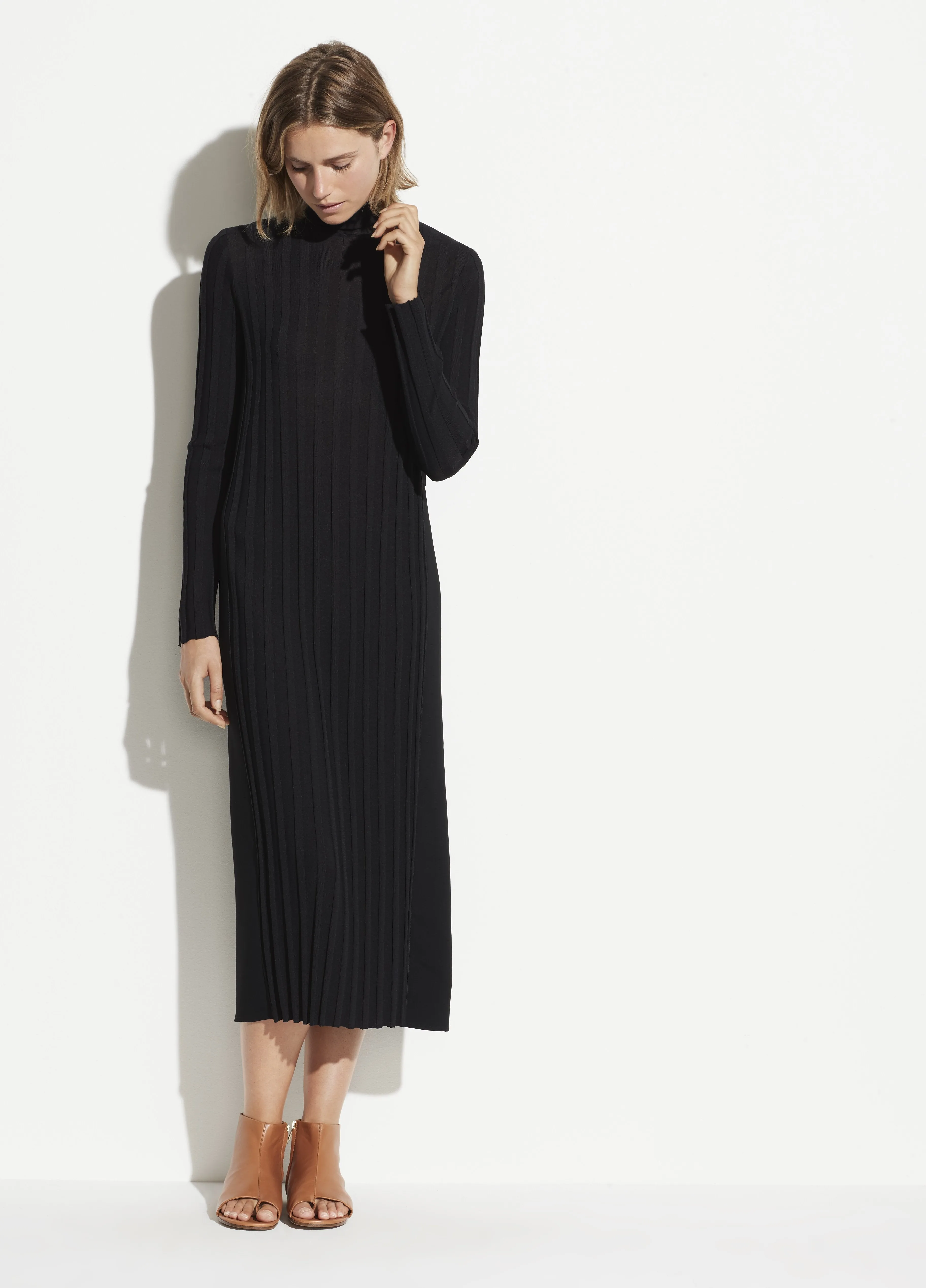 Mixed Rib Turtleneck Dress in Black