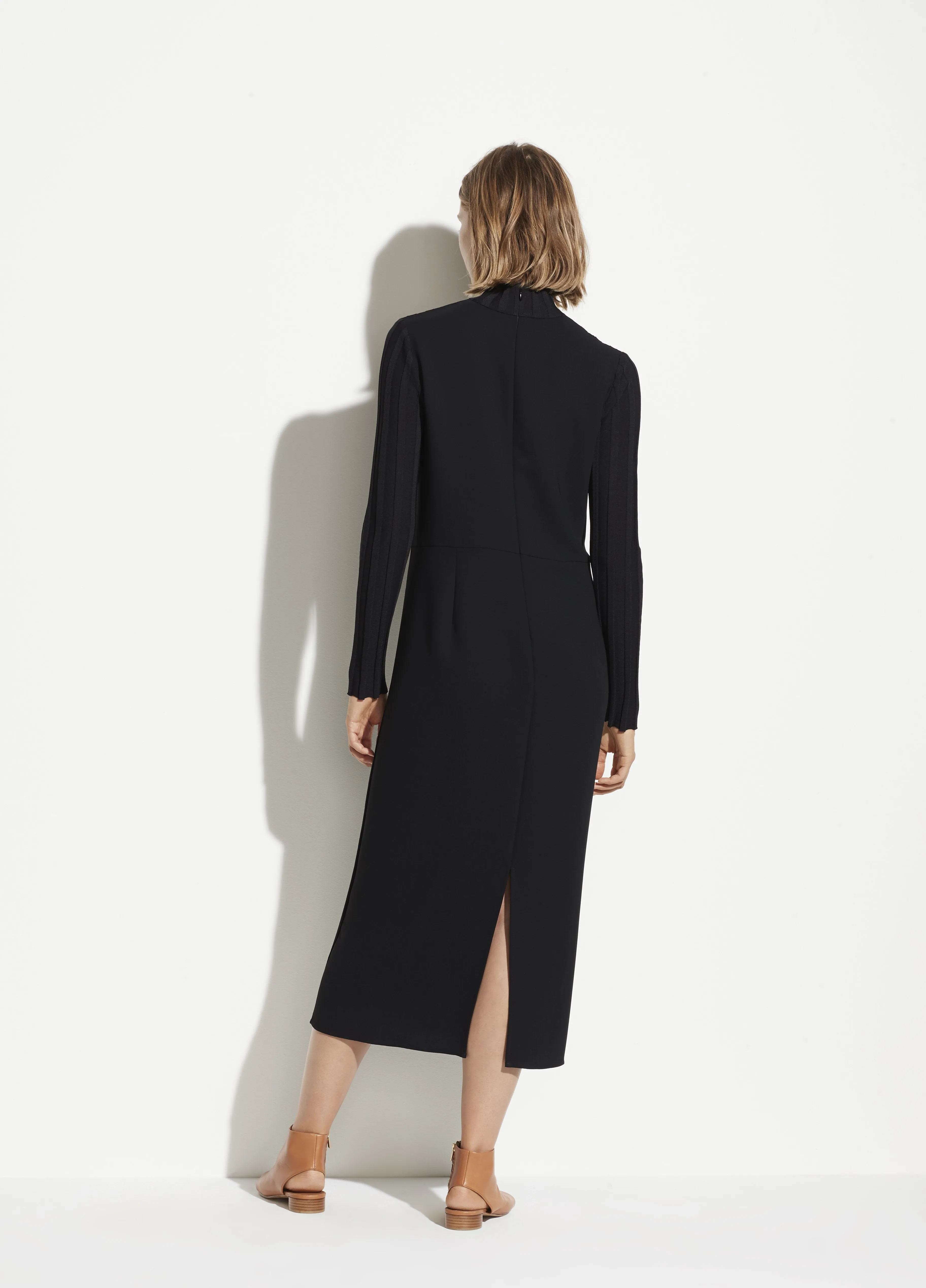 Mixed Rib Turtleneck Dress in Black