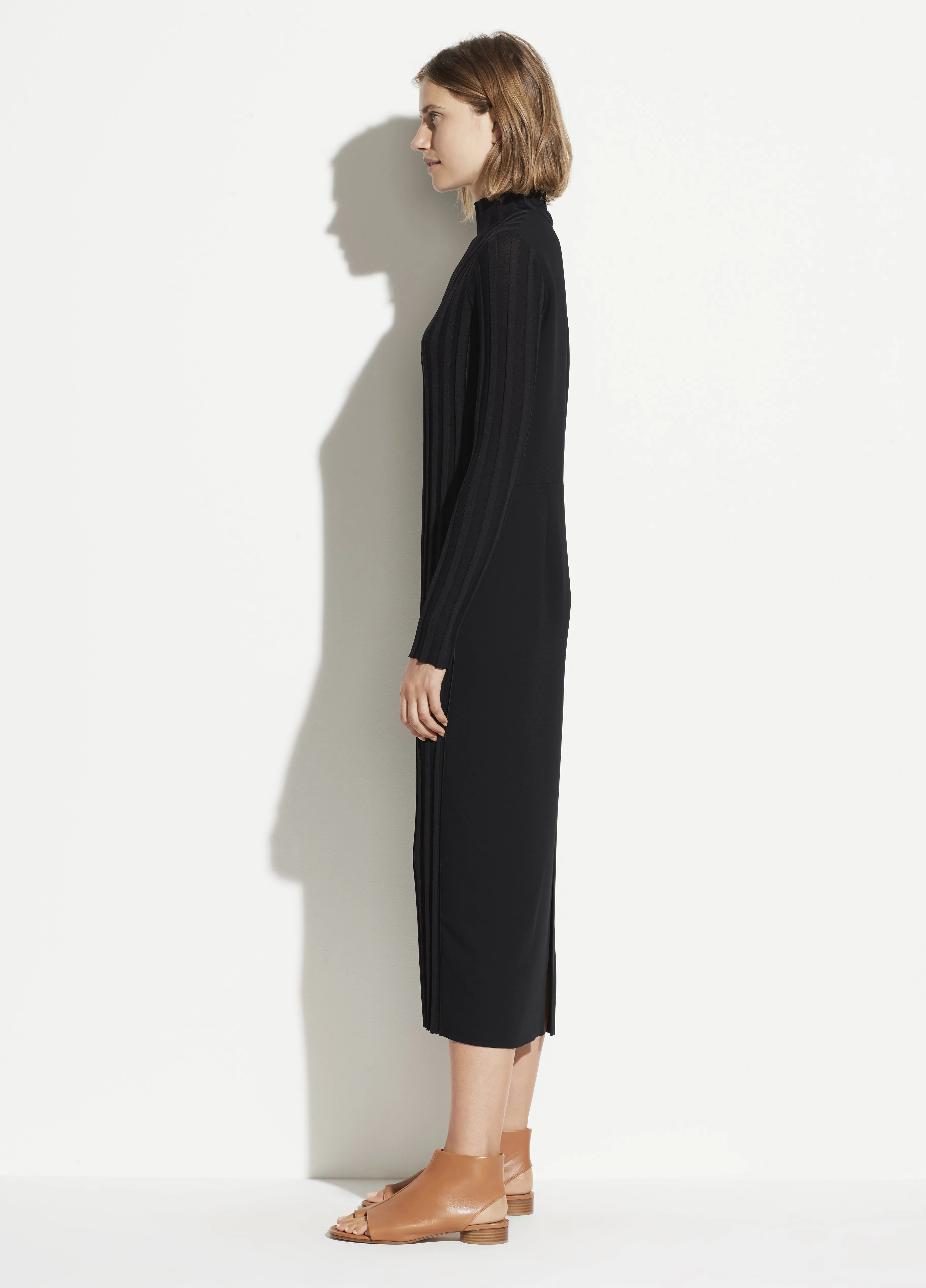 Mixed Rib Turtleneck Dress in Black