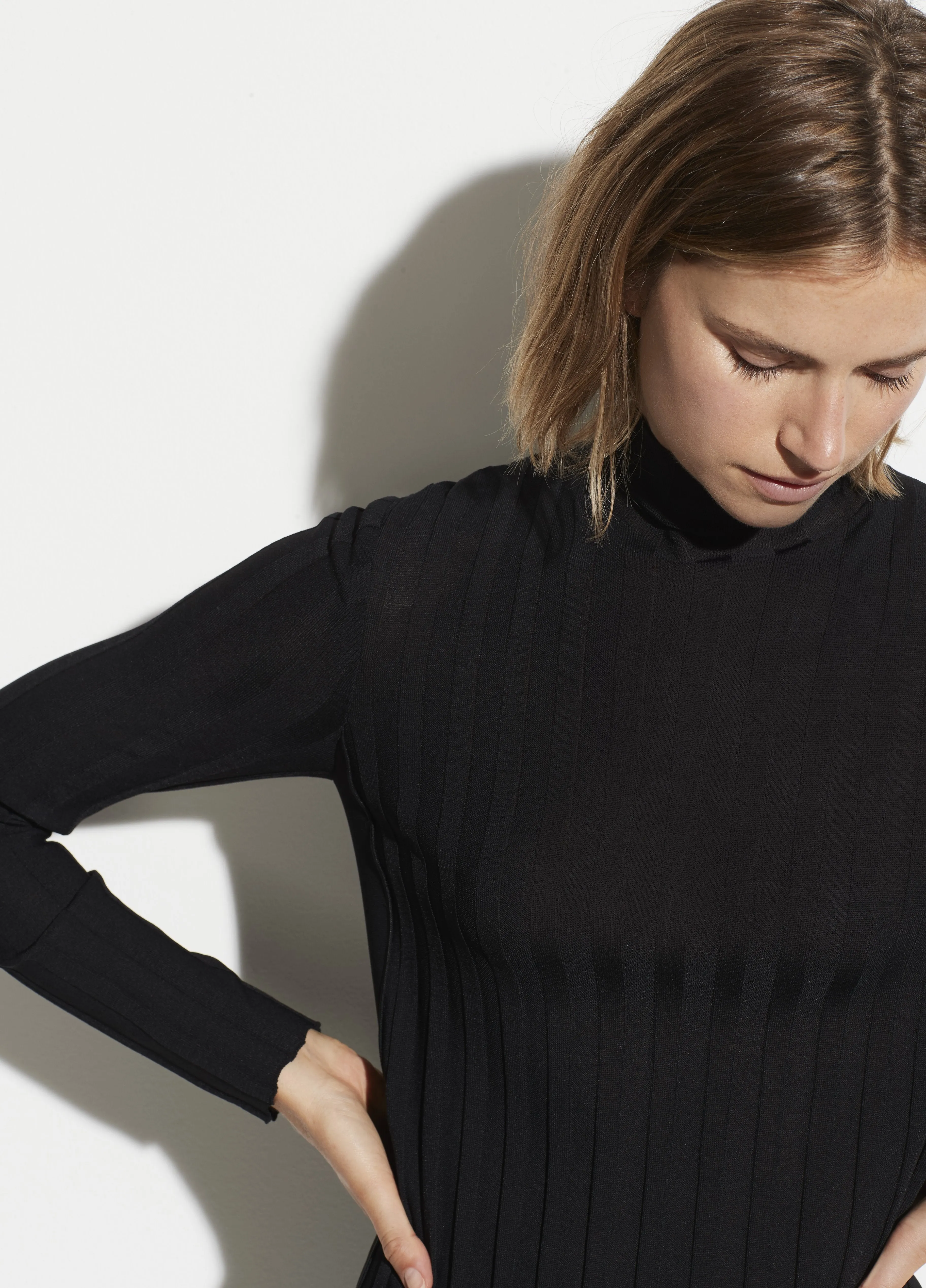 Mixed Rib Turtleneck Dress in Black