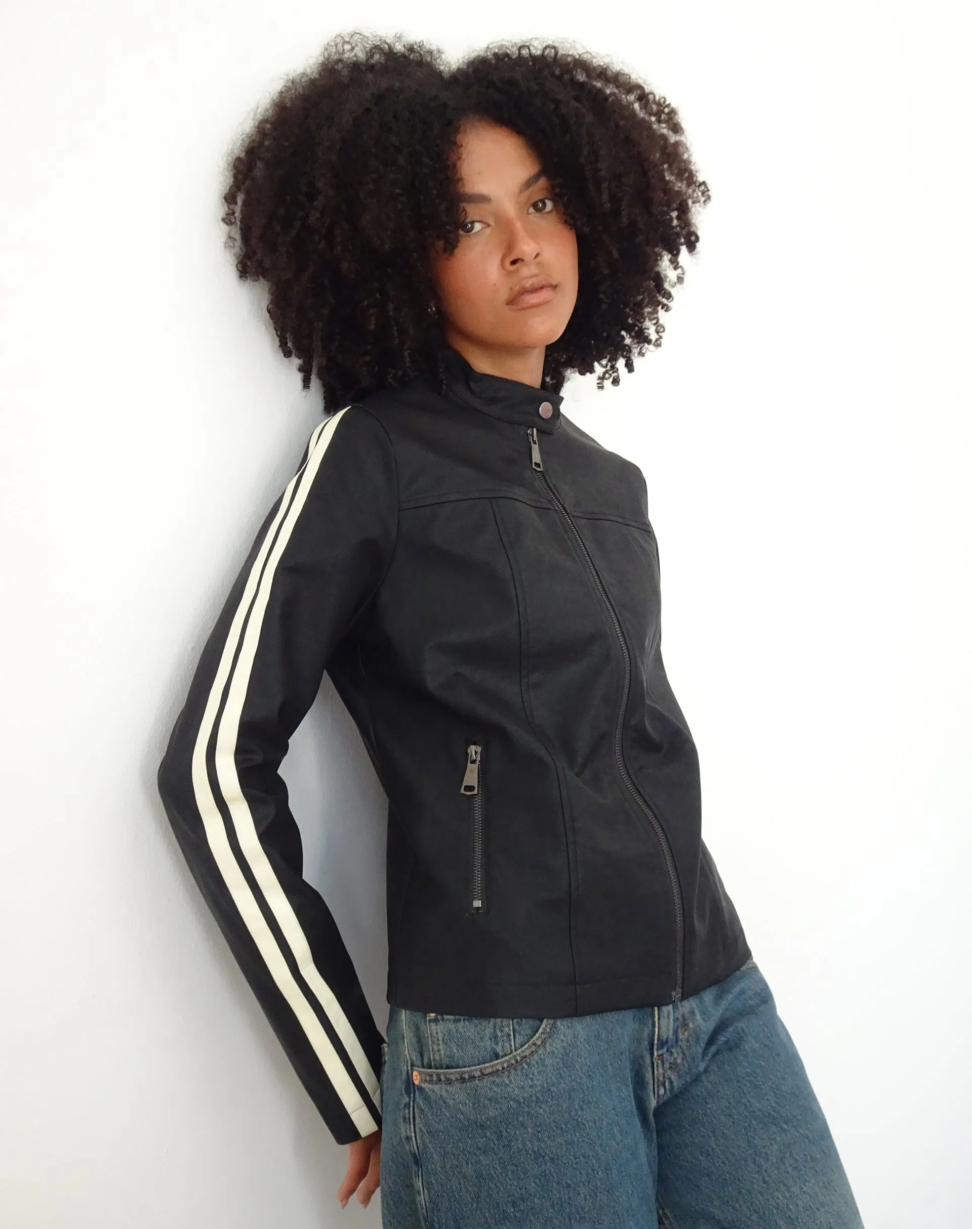 MOTEL X JACQUIE Jacquie Zip Up Biker Jacket in PU Black with White Stripe