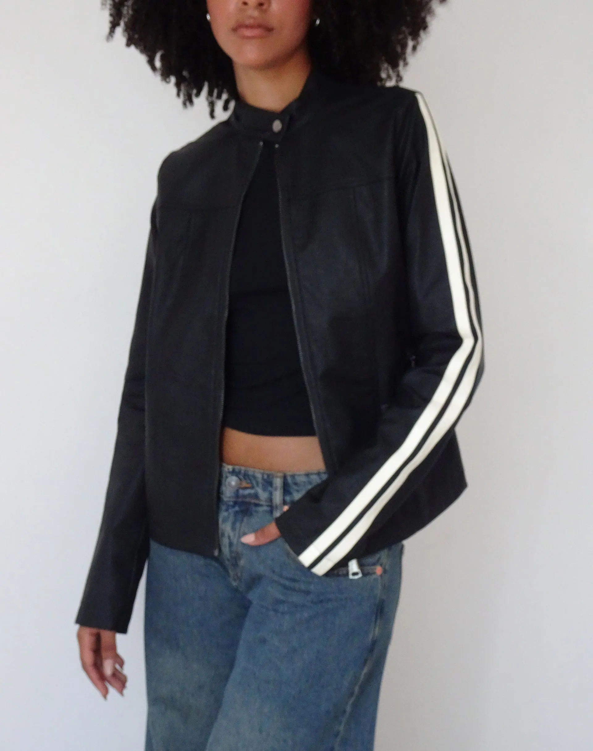 MOTEL X JACQUIE Jacquie Zip Up Biker Jacket in PU Black with White Stripe