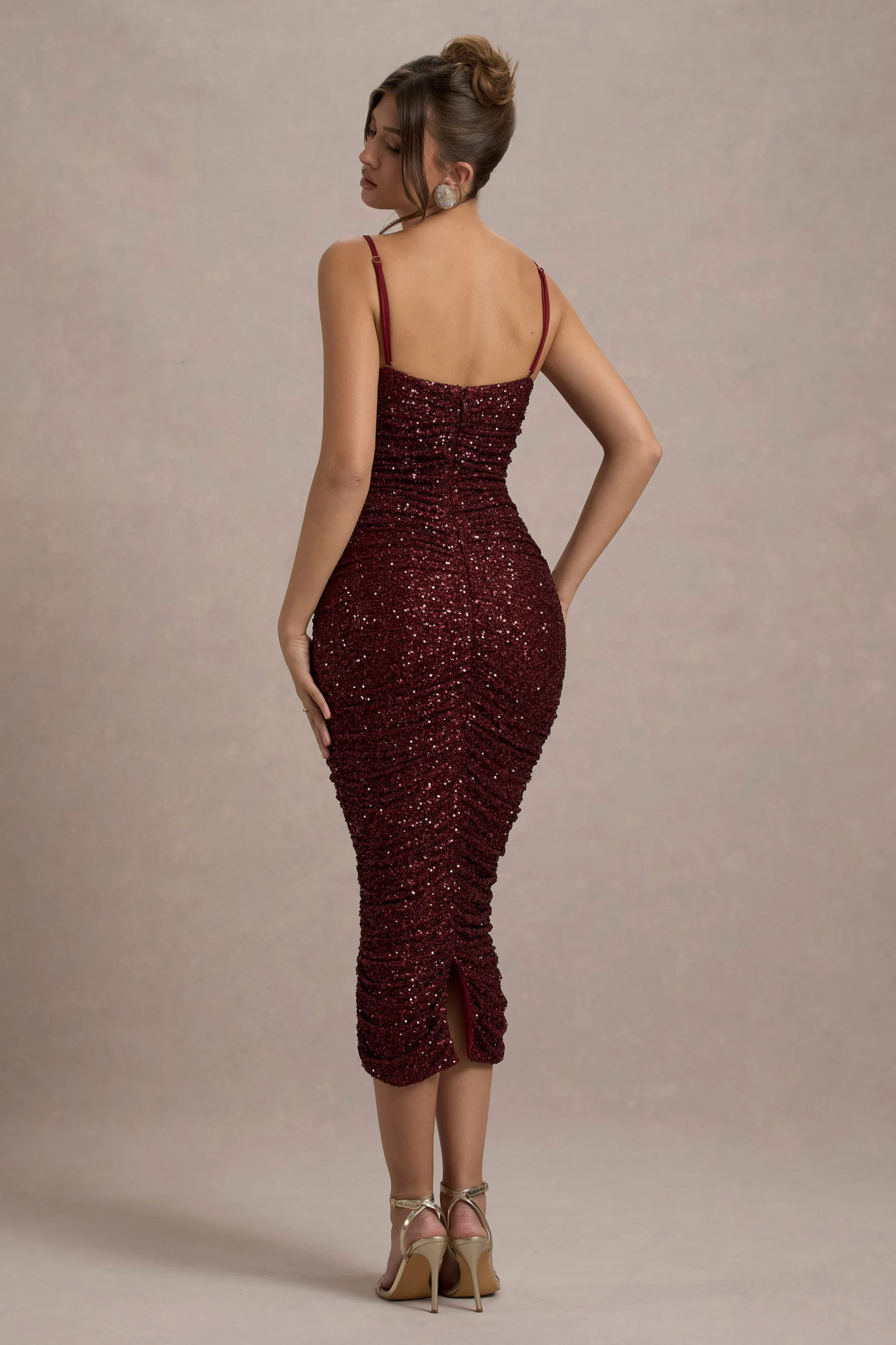 New Energy | Plum Sequin Strappy Ruched Bodycon Midi Dress