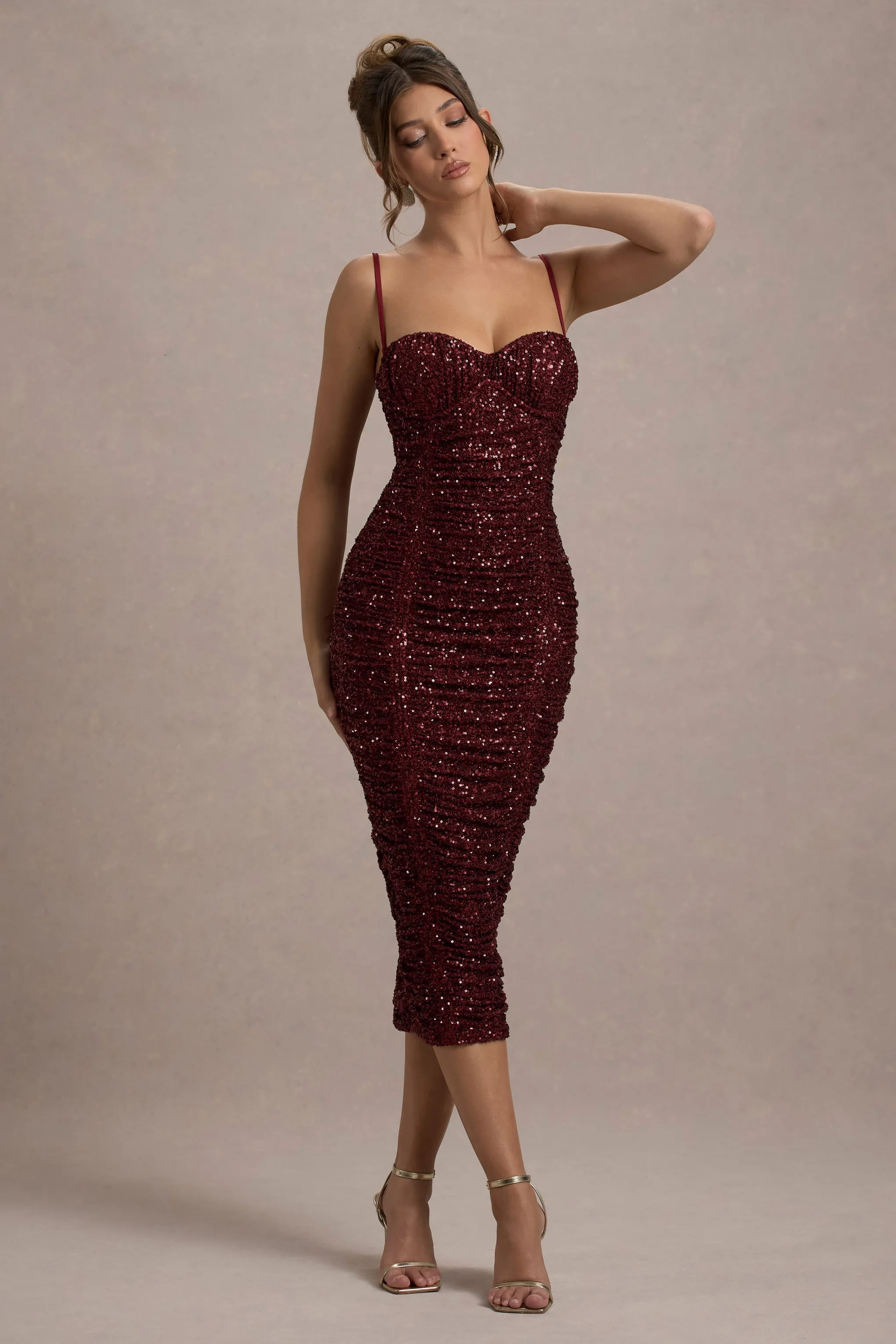 New Energy | Plum Sequin Strappy Ruched Bodycon Midi Dress