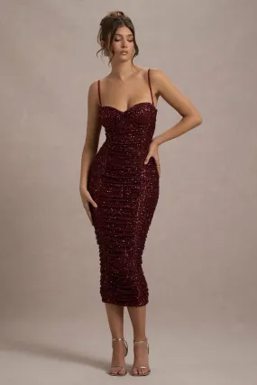 New Energy | Plum Sequin Strappy Ruched Bodycon Midi Dress