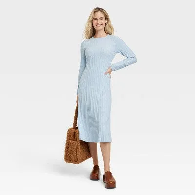 New - Women's Long Sleeve Midi Ribbed Sweater Dress - A New Day Blue XL